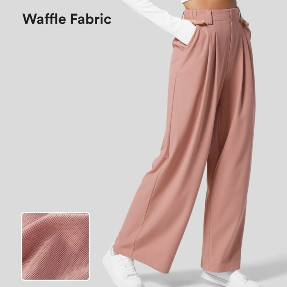HALARA High Waisted Pleated Side Pocket Wide Leg Mauve Waffle Casual Pants Sz S